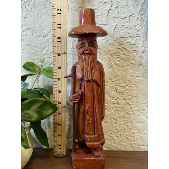 Asian Hand Crafted Vintage Wood Man with Walking Stick Figure Sculpture Folk Art - Picture 3 of 7